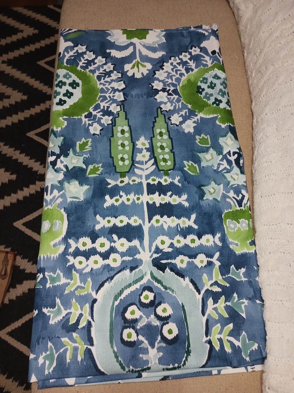 Blue & Green DESIGNER FABRIC remnant- Floral Ikat KISMET